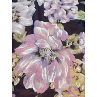 Czarna tkanina szyfon z wzorem - pastelowe kwiaty piwonii